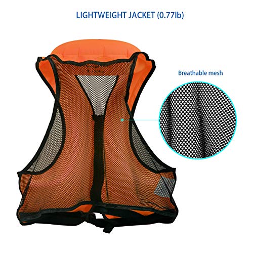 OMOUBOI Life Jacket Snorkel Vest Adult Inflatable with Leg Straps for Men Women Zip Snorkel Vest for Snorkeling Diving Safety(Orange)