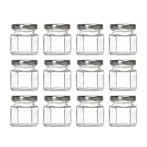 Hexagon Glass Jars by Nellam - 1.5oz, 12 Pack. Includes 24 Chalk Sticker Labels and 2x Chalk Pen. DIY Jars for Canning, Party Favors, Jams, Sauces, Herbs, Spices. (Silver Lid - 12 Pcs)