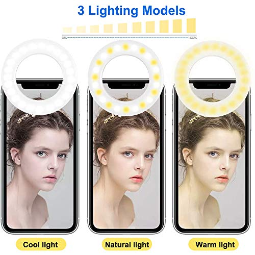 Ytaland (2020 Upgraded New) Selfie Ring Light, 3 Lighting Modes Rechargeable Clip on Selfie Fill Light, Adjustable Brightness Clip on Phone Camera Light for Makeup Video, for iPhone, Android (White)