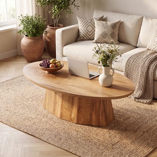 Oval Coffee Table, 47-Inch Living Room Table with Polygonal Pedestal, Modern Center Accent Furniture, Child-Friendly, Easy Assembly, Yellowish Brown