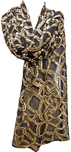 "Open Web Pattern" Sequin Sheer Net Scarf Stole Shawl Wrap Black Matte Gold