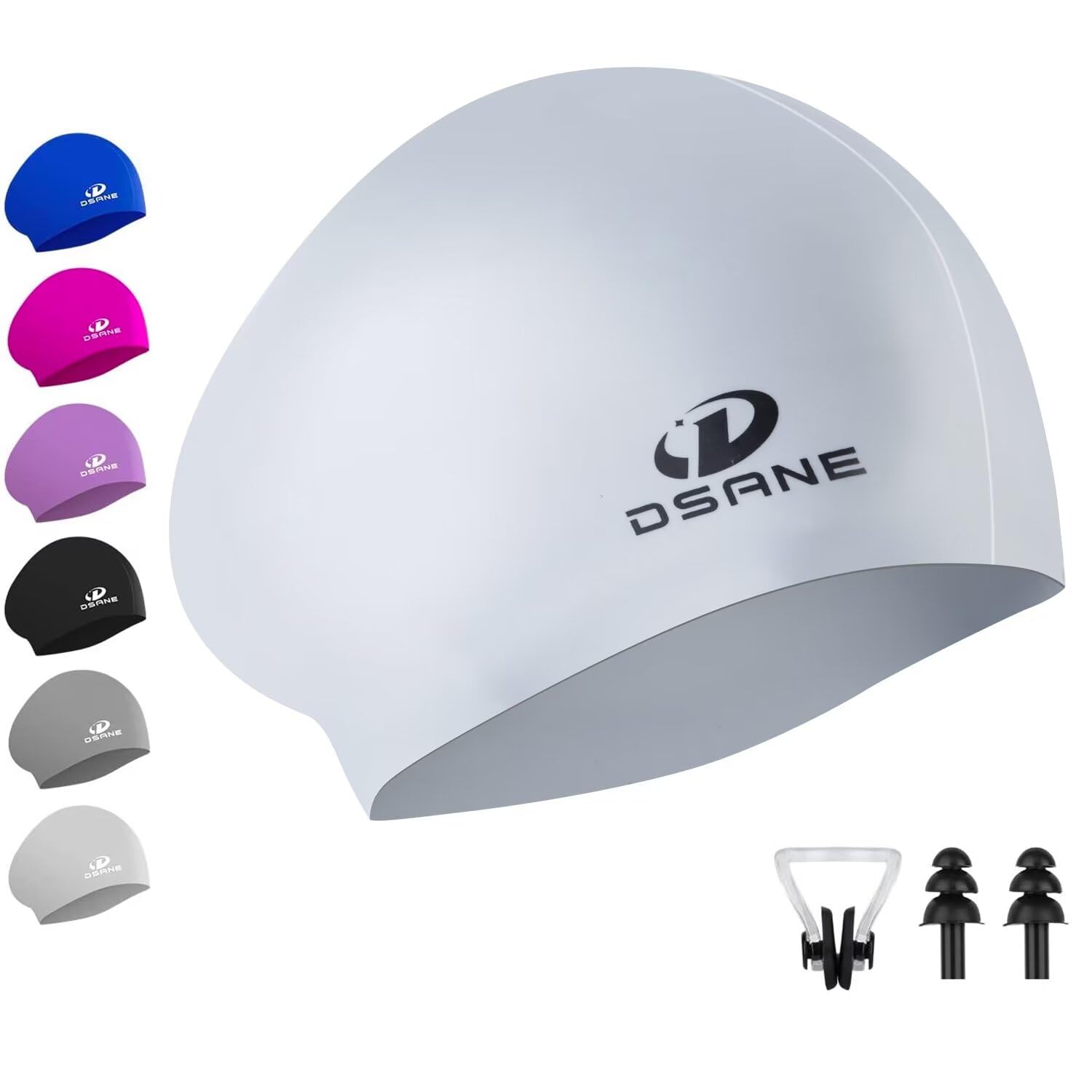 Photo 1 of Womens Silicone Swim Cap for Long Hair,3D Ergonomic Design Silicone Swimming Caps for Women Kids Men Adults Boys Girls with Ear Plug and Nose Clip(Gray/L)