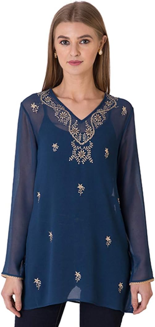 Indigo Paisley Aurora Women's Full Sleeve Tunic with Allover Embroidery