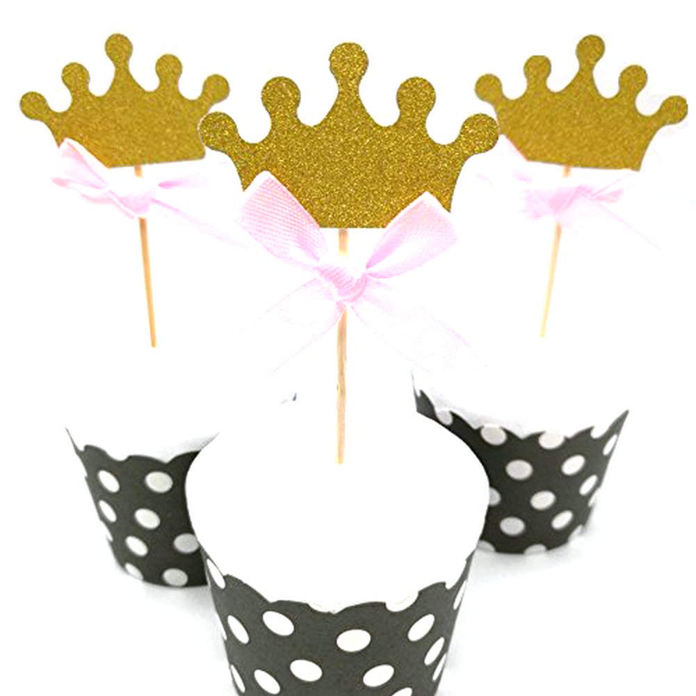 Buy DOOXOO 12 Pink Bow & Gold Glitter Crown Cupcake Toppers Crown