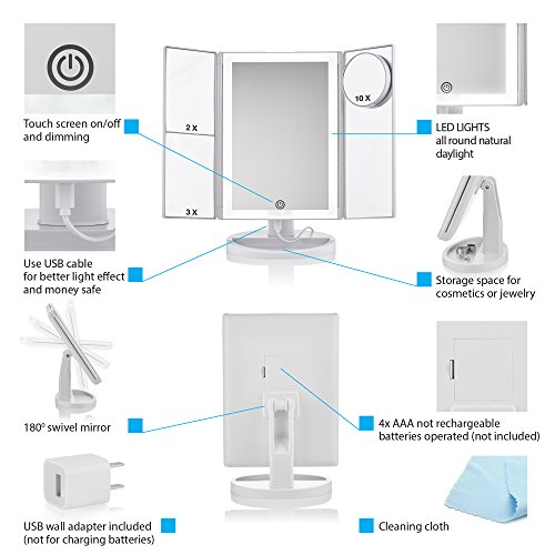 Lighted Makeup Mirror with Magnification - Trifold Desktop+10x Magnifying Cosmetic Mirrors - Vanity Makeup Mirror with Led Lights - Battery or Electric - Already equipped with long 6.6 ft Cord+Charger - Thumbnail 7