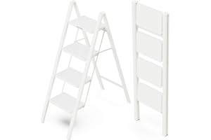 WOA WOA 4 Step Ladder, Folding Step Stool with Wide Pedals, Sturdy Steel Ladders with Anti-Slip Feet, Compact Kitchen Stepping Stool, Supports up to 330 lbs - White
