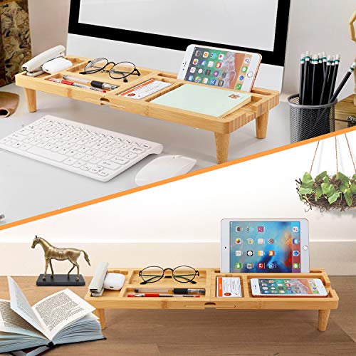 Bamboo Desk Organizer Tray for Saving Space, Office Desktop Small Objects Storage Holder Hide Keyboard Wood Shelf for Phone, Tablet, Glasses, Pen, and More Accessories