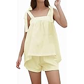 Xfileen Womens 2 Piece Cami Pajama Sets Cozy Sleeveless Tie Strap Top and Shorts Casual Lounge Sets