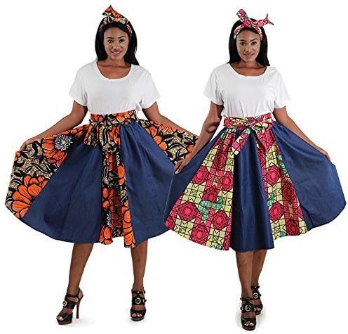 African Print Orange Floral Denim Midi Skirt Plus Size