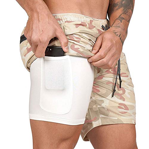 EVERWORTH Men's 2-in-1 Bodybuilding Workout Shorts Lightweight Gym Training Short Running Athletic Jogger with Zipper Pockets (Beige Camo, US M : [Waist 31"-33"]) - Thumbnail 6