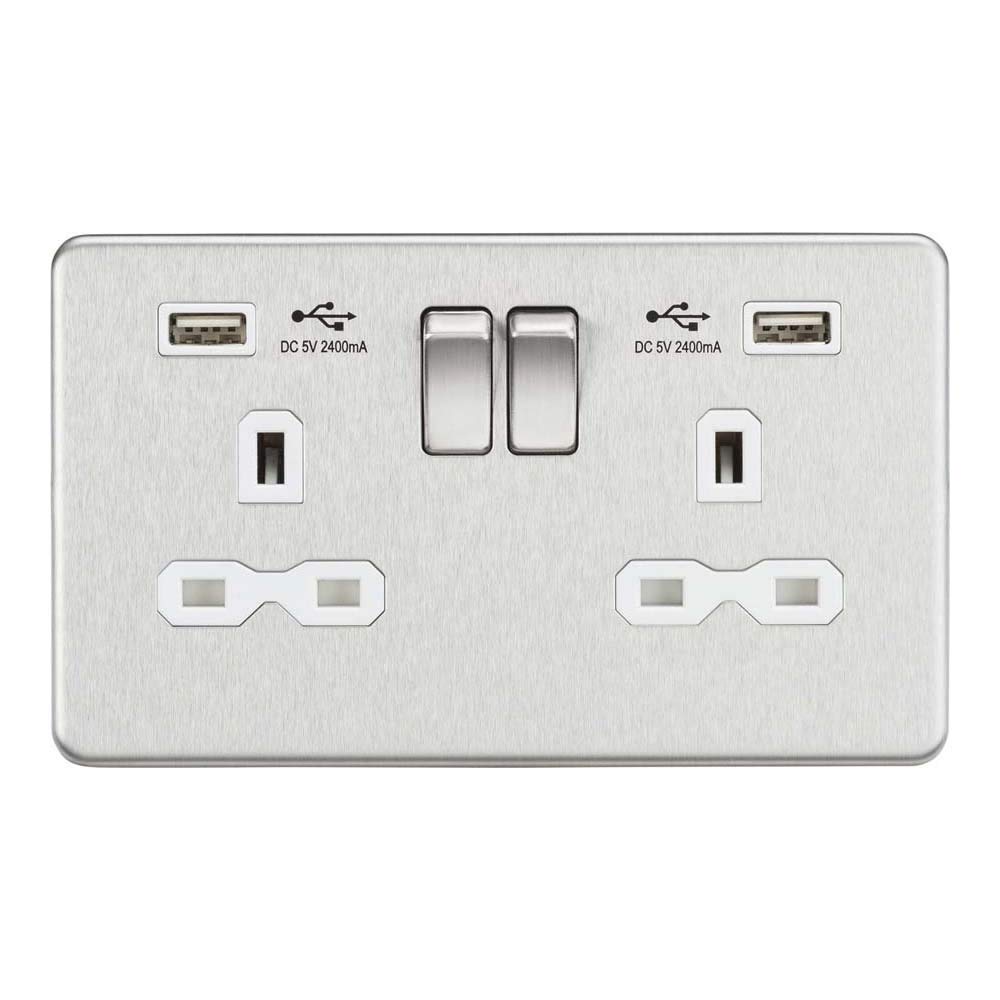 Knightsbridge SFR9224BCW 2G Switched Socket with 2.4 A Dual USB Charger, Brushed Chrome with White Insert, 13 A