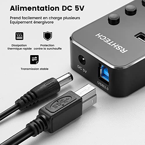 USB Powered Hub, RSHTECH Aluminium USB Hub 3.0 with 7 Ports USB 3.0 Multi-Socket with 5V/2A External Power Supply, Multi Port Hub, 5Gbps, Individual Switches and LED Indicator-Black (RSH-518)