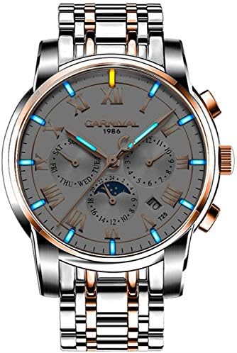 Carnival Men's Multi-Function Automatic Mechanical Watch tritium Luminous 25 Years Stainless Steel Watch (Golden White)