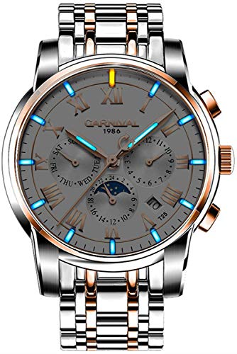 Carnival Men's Multi-Function Automatic Mechanical Watch tritium Luminous 25 Years Stainless Steel Watch (Golden White)