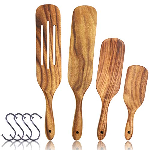 2Pack Wooden Spurtles For Sourdough Starter - Natural Teak Slotted Stirring Spatulas For Kitchen Cooking & Mixing