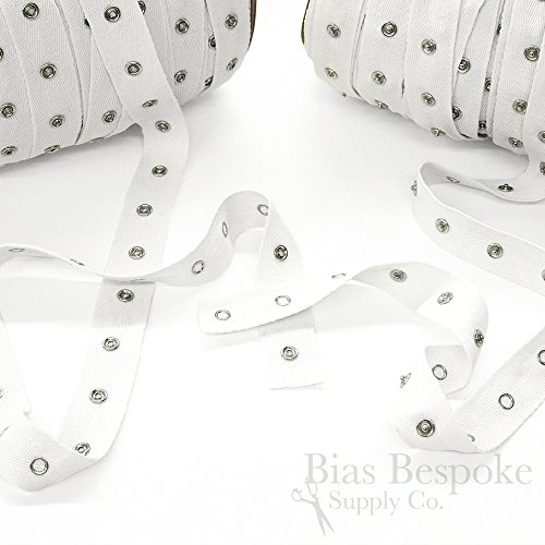 Metal Snaps on White Cotton Herringbone Tape, By The Yard