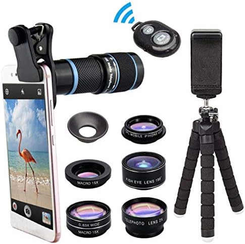 Fanxis Mobile Phone Camera Lens Kit,18 Times Telephoto Mobile Phone Telescope Head, Wide Angle + Macro + Fisheye 3 in 1 Mobile Phone Lens with Tripod Phone Clip Bluetooth Remote Controller