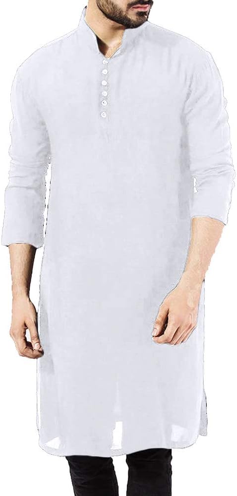 Mens Henley T Shirt Cotton Linen Nightshirt Long Sleeve Gown Islamic Muslim Robe Thobe Ethic Kaftan Summer Casual Shirts Tops