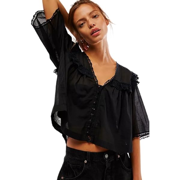 Women Summer Sheer Low Cut V-Neck Short Sleeve Tops Ruffle Trim