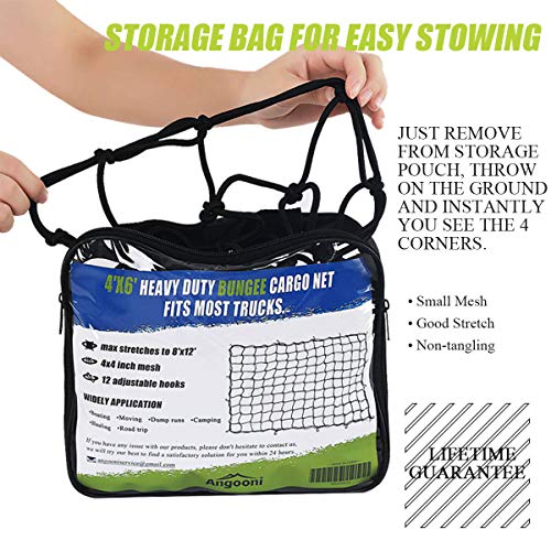 Angooni 4' x 6' Heavy Duty Cargo Nets for Pickup Trucks - Stretches to 8'x12', 4"x4" Mesh Holes Bungee Truck Bed Net with Premium Carabiners Clips