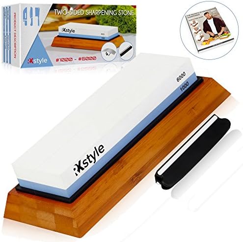 Premium Knife Sharpening Stone 2 side 1000 / 6000 - Whetstone with Base and Angle Guide - Waterstone Set for Chef Knives and Kitchen Blade Sharpener