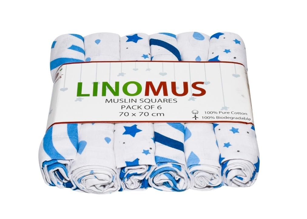 Linomus Muslin Squares-Pack of 6 (70 x 70 cm) -Soft, Absorbent & Breathable 100% Pure Cotton Muslin Cloths for baby-Ideal to Clean, Wipe & Cover Newborns-Light & Dark Blue Galaxy Theme