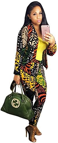 Women's Long Sleeve Digital Print 2 Pieces Blazer and Pants Suit Set