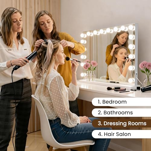 MIQU Espejo Maquillaje con Luz 58x45cm,Espejo Tocador Hollywood con 15 Bombillas LED,3 Modos de Luz,Intensidad Ajustable,con Puerto USB/Type-C,Aumento 10X,Control Táctil,para Mesa o Pared
