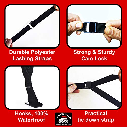 Justin Case Rooftop Cargo Hooks and Tie Down Straps - Ultimate Car Roof Storage System - Sturdy and Safe - Four Stainless Steel Hooks - Two 197-Inch (16'-5") Long, 1-Inch Wide Car Rooftop Straps