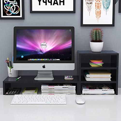 Wood Computer Monitor Stand Raiser Black with 3 Tier Desktop Organizer Storage Shelf and PC Screen TV Riser for Home Office (29.7 in,Black,Space Saving,Independent Design)