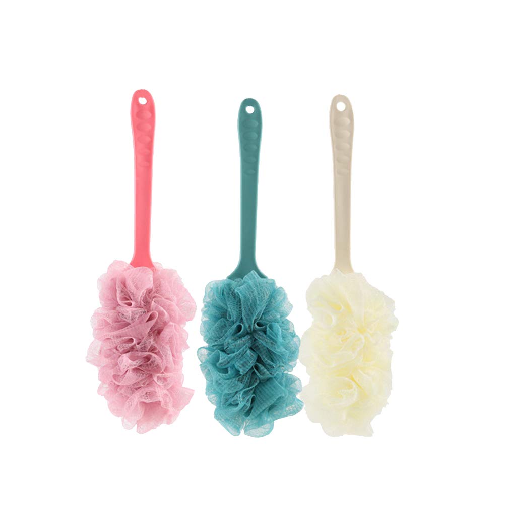 Lurrose 3pcs Shower Ball Mesh Pouf Back Scrubber Loofah with Long Handle Bath Brush Soft Body Sponge for Adults Teens Kids