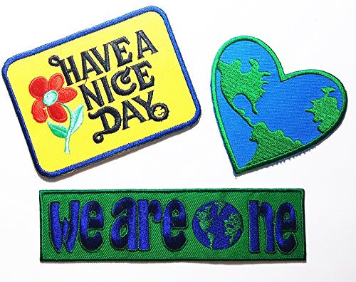 PP patch Set 3 Have A Nice Day patch , Love the Earth Heart patch , we are one patch DIY Applique Embroidery Iron on Patch