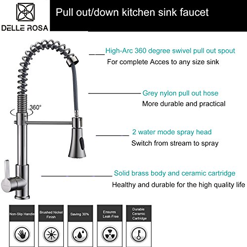 Kitchen Faucet Brushed Nickel Delle Rosa Pre-rinse Spring Durable and Sturdy Single Handle Pull Out Kitchen Sink Faucet
