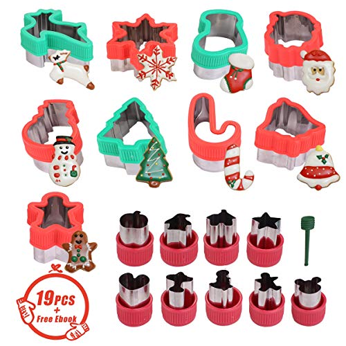 19 Pcs Stainless Steel Christmas Cookie Cutters Set Holiday,Sandwich Vegetable Cutters for Kids,Gingerbread House Man,Snowman,Snowflake,Reindeer,Santa,Dinosaur Shaped for Holiday Baking Gift