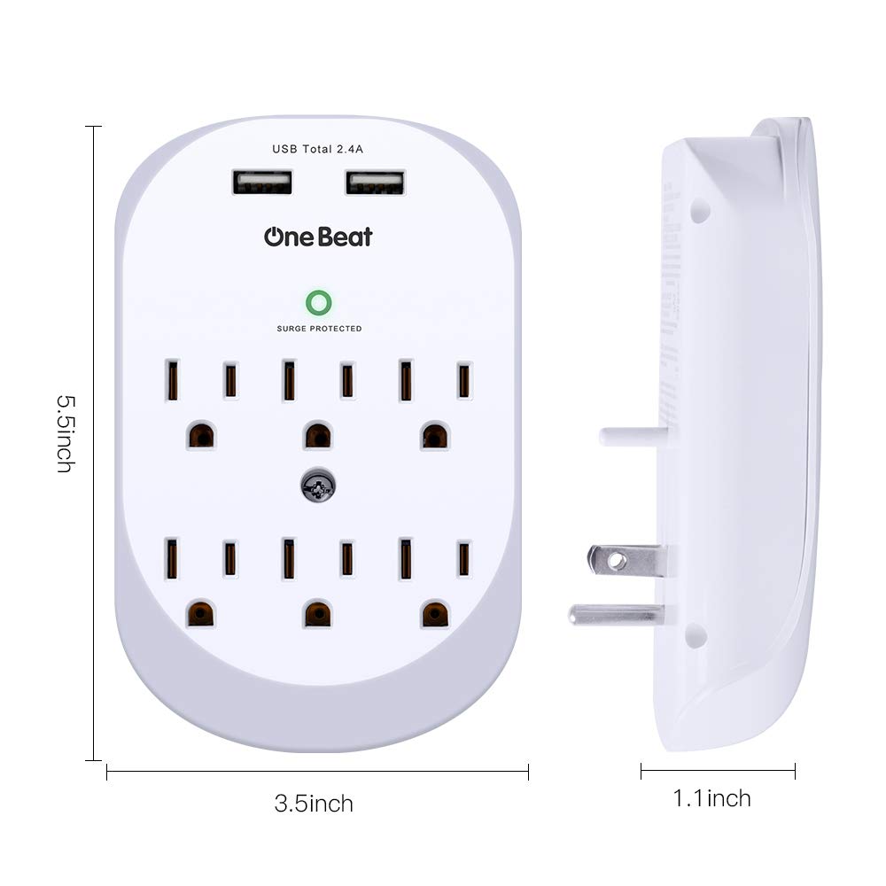6 Outlet Surge Protector, One Beat Multi Outlet Wall Mount Adapter with 2 USB Charging Ports 2.4 A, 490 Joules, ETL Certified-White