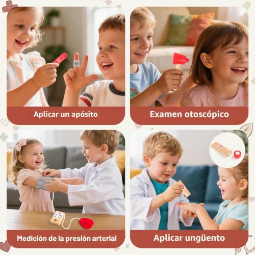 Toys Children 3 Years, Wooden Medical Case, Wooden Children's Medical Kit, Toy Girl Boy 3 4 Years with Stethoscope and Doctor Costume Educational Role Playing Games, Gift Girl Boy 3 4 5 Years