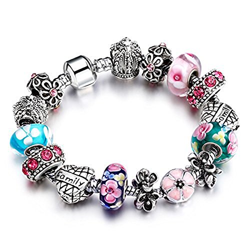 YYcharm Love Heart Crystal Beads Peach Blossom Silver Plated Family Charm Bracelet Bangle for Women Jewelry Gi