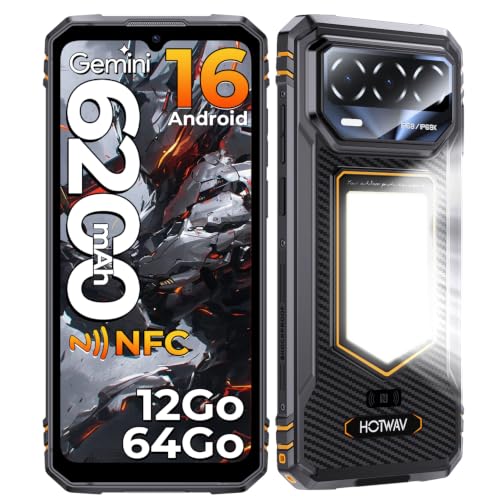 HOTWAV T8 Unbreakable Android Phone 16, 12GB+64GB/TF 2TB, 6200mAh 20W, 20MP+5MP, 6.74" HD+ 120Hz Portable Smartphone, Camping Lamp/IP68&IP69K+MIL-STD-81OH/Gemini AI/NFC/GPS/Dual SIM