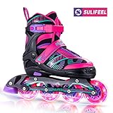 Sulifeel Arigena 4 Size Adjustable Light up Inline Roller Skates for Girls and Boys, Roller Blades for Kids and Women Adults Red Purple Green