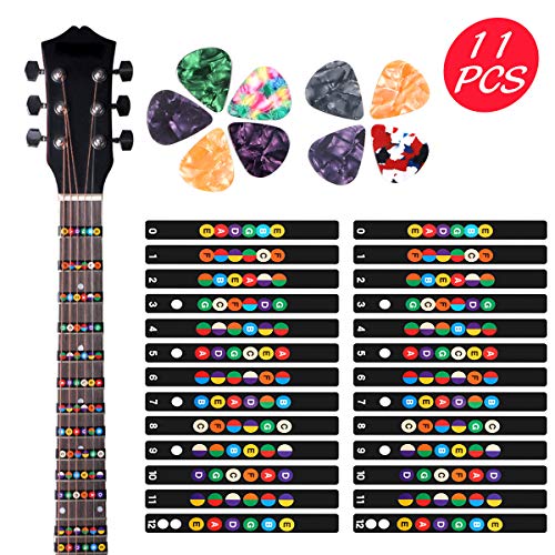 2 Sheets Guitar Fretboard Note Decals Scale Sticker Neck Fingerboard Frets Sticker for Beginner For 6 Strings Acoustic Electric Guitar & 9 Packs Guitar Picks