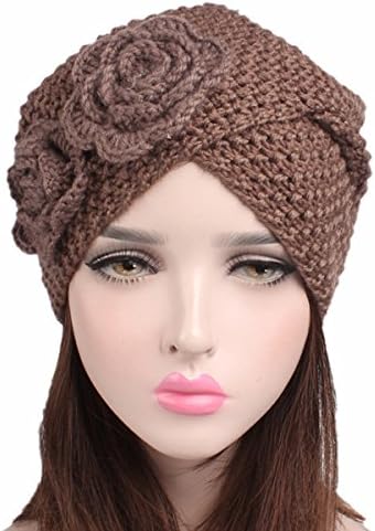 TTjII Twist Pleated Hair Wrap Stretch Turban,Abbey Cap Women's Knit Chemo Hat Snood Beanie Scarf, Turban Headwear for Cancer Patients,Soft Sleep Hats Two flower New fashion (Chocolate)