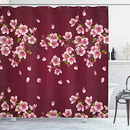 マルーンシャワーカーテンby Ambesonne 日本語sakura Tree Branches In Full Blossom Scattered花びらアジア春 ファブリックバスルームdecorセットフック付き ピンクマルーングリーン 69 W By 75 L Sc Long