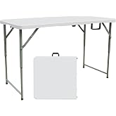 Lakhow 4FT Folding Table,3-Level Adjustable Height Heavy Duty Plastic Utility Table with Carrying Handle,White | Fold in Half,HDPE Top for Indoor Outdoor Camping Party Dining