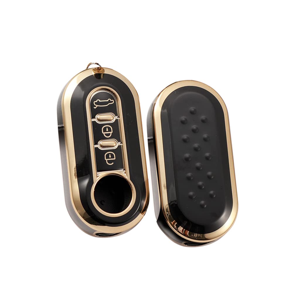HIBEYO Flip Key Case Fits Fiat, Protective Silicone Cover for 500 Panda Grande Punto Bravo Scudo, Remote Control 3 Buttons Gold Black