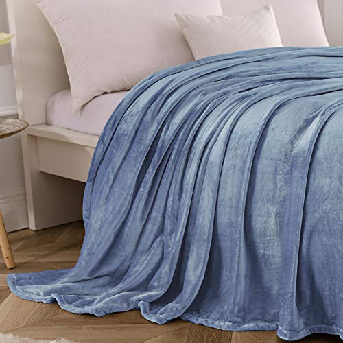 kawahome Washed Blue King Flannel Fleece Luxury Blanket Super Soft Plush Microfiber Solid Cozy Fuzzy Blanket for Bed Lightweight Couch/Sofa Blanket (108 x 90 Inch)