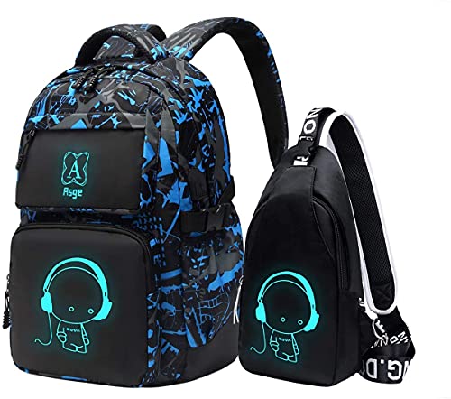 Asge Backpack for School Boys Backpacks for Kids Camo Bookbag for Middle School Bags Waterproof Travel Back Pack (Blue)