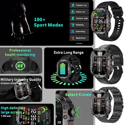 MYSHUN Reloj Inteligente Hombre con Llamadas, 1,96 Pulgada Smartwatc Hombre Deportivo con Podometro Pulsometro SpO2 Sueño Presion Arterial Actividad 3ATM Reloj Digital para iOS Android (Negro)