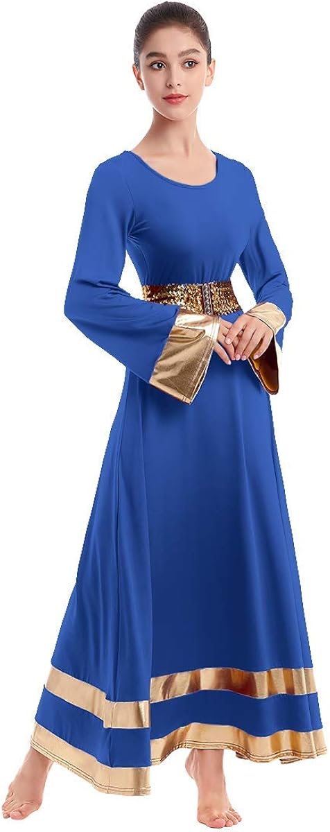 IBAKOM Womens Long Sleeve Tunic Robe Worship Praise Liturgical Full Dance Dress Ballet Costume with Sequins Belt: Clothing
