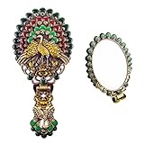 Ivenf Vintage Metal Oval Make-Up Hand/Table Mirror, Peacock Spread Tail, Green