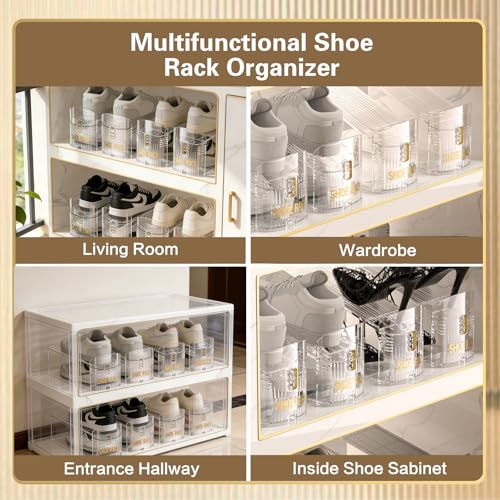 SUSOO 8 Pcs Double Shoe Slot Organizer, Adjustable Highth Shoe Stacker for Pair of Shoes, 50% Space-Saving Double Deck Shoe Rack Holder, Thickening Stability Clear Shoe Organizer for Closet Storage